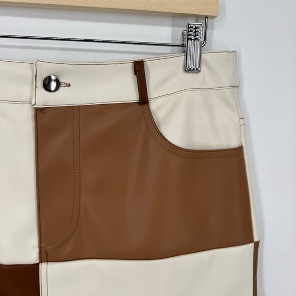 Forever 21 Faux Leather Patchwork on Brown And Tan Mini Skirt L - Picture 4 of 7